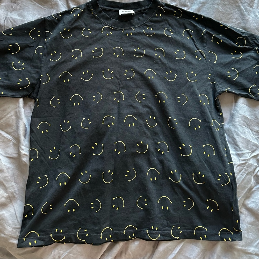 NWOT Sandro Black T-Shirt Smiley Faces M S oversized